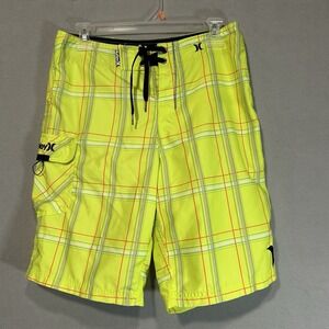 Hurley Mens Swim Trunks Size 29 Bright Green Plaid Logo Hook & Loop Pocket‎
